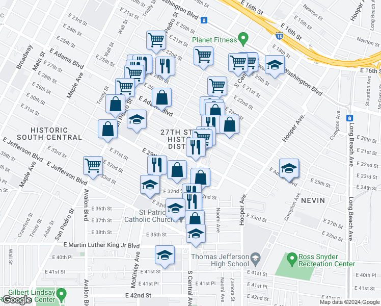 map of restaurants, bars, coffee shops, grocery stores, and more near 1018 East 28th Street in Los Angeles