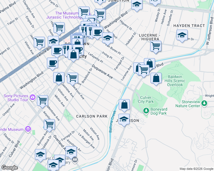 map of restaurants, bars, coffee shops, grocery stores, and more near 4214 Madison Avenue in Culver City