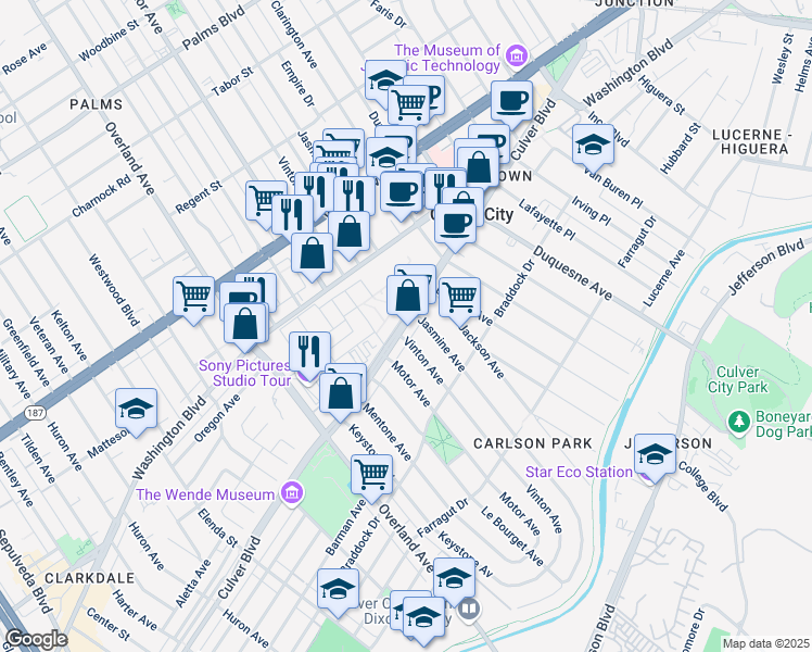 map of restaurants, bars, coffee shops, grocery stores, and more near 4100 Vinton Avenue in Culver City