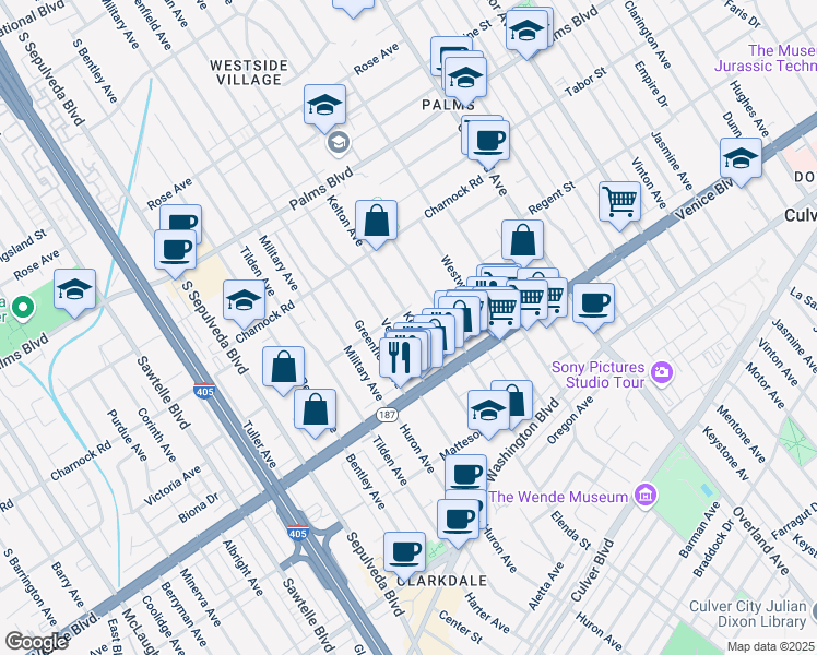 map of restaurants, bars, coffee shops, grocery stores, and more near 3735 Kelton Avenue in Los Angeles