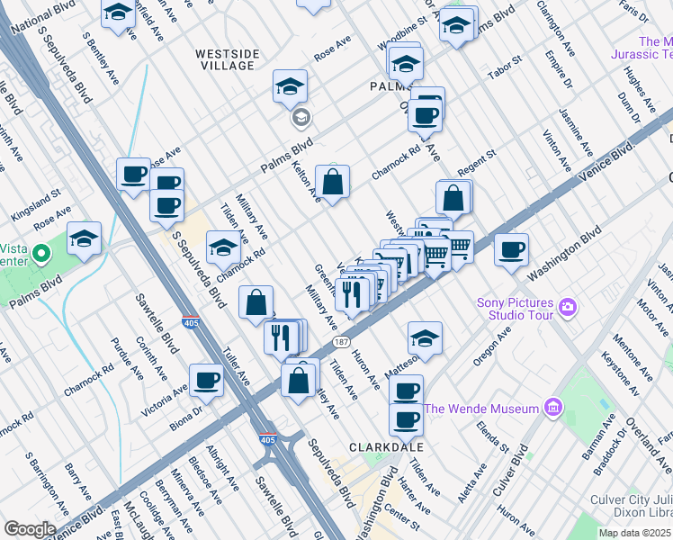 map of restaurants, bars, coffee shops, grocery stores, and more near 3708 Greenfield Avenue in Los Angeles