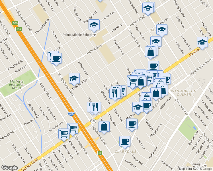 map of restaurants, bars, coffee shops, grocery stores, and more near 3708 Greenfield Avenue in Los Angeles