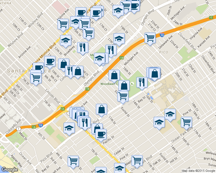 map of restaurants, bars, coffee shops, grocery stores, and more near 1833 Euclid Street in Santa Monica