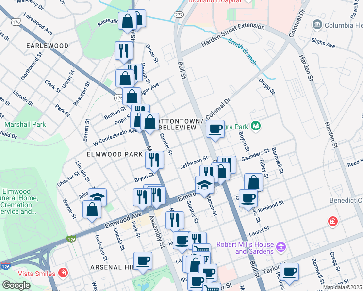 map of restaurants, bars, coffee shops, grocery stores, and more near 2222 Marion Street in Columbia