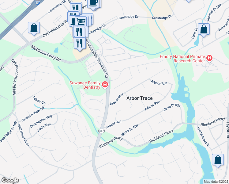 map of restaurants, bars, coffee shops, grocery stores, and more near 2461 Peregrine Trail Northwest in Suwanee