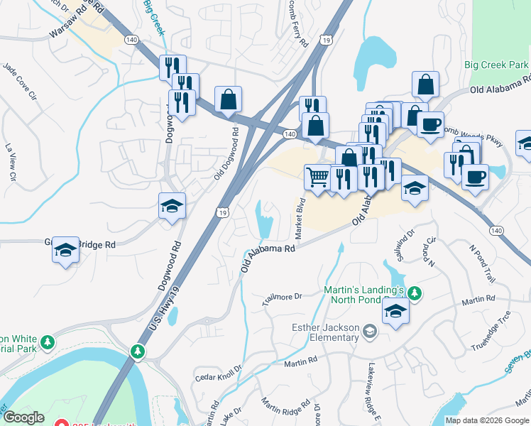 map of restaurants, bars, coffee shops, grocery stores, and more near 1450 Raintree Way in Roswell