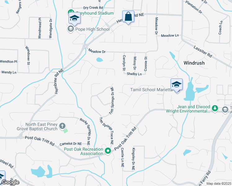 map of restaurants, bars, coffee shops, grocery stores, and more near 2725 Tritt Springs Drive Northeast in Marietta