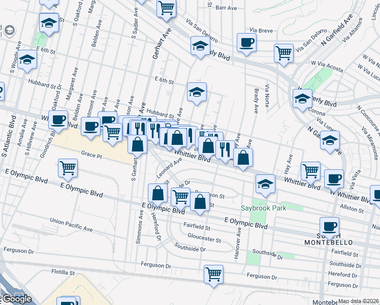 map of restaurants, bars, coffee shops, grocery stores, and more near 5949 Whittier Boulevard in Los Angeles