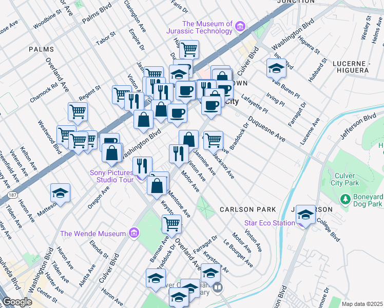 map of restaurants, bars, coffee shops, grocery stores, and more near 4100 Vinton Avenue in Culver City