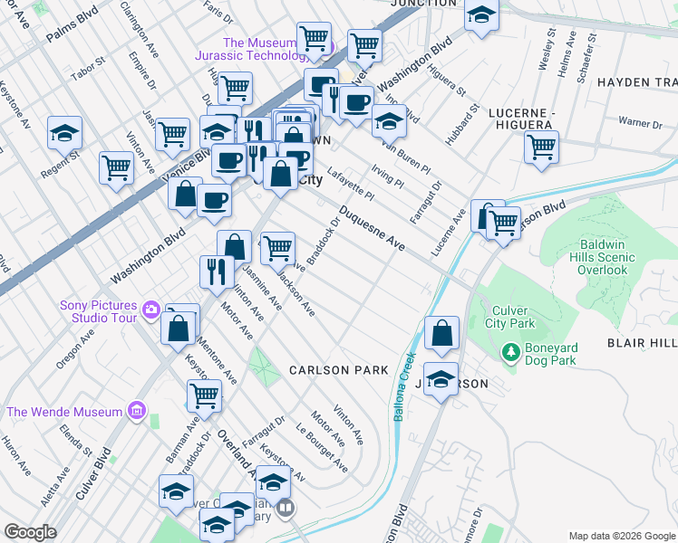 map of restaurants, bars, coffee shops, grocery stores, and more near 4135 La Salle Avenue in Culver City
