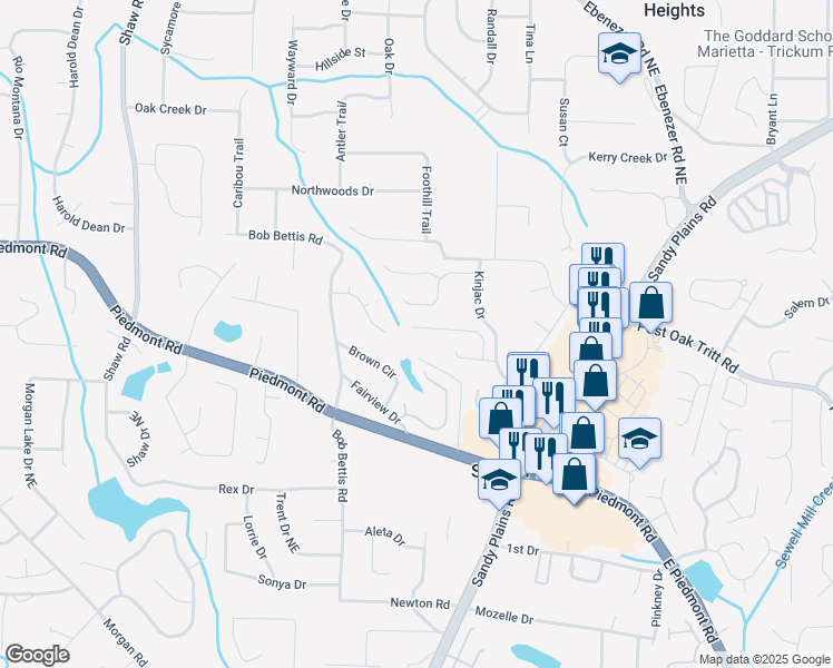 map of restaurants, bars, coffee shops, grocery stores, and more near 2733 Ashbury Point Lane in Marietta