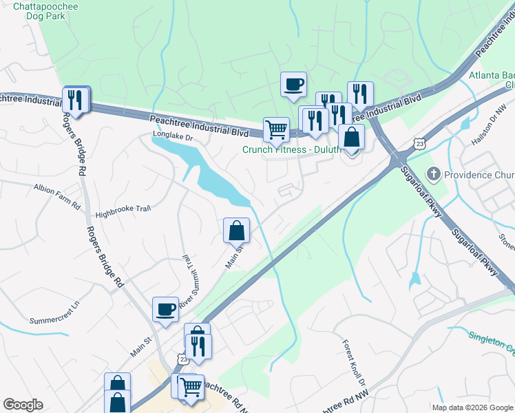 map of restaurants, bars, coffee shops, grocery stores, and more near 3620 Longlake Drive in Duluth