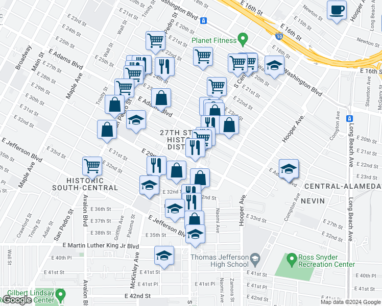 map of restaurants, bars, coffee shops, grocery stores, and more near 1023 East 28th Street in Los Angeles