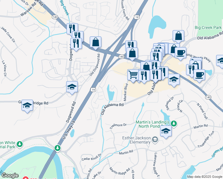 map of restaurants, bars, coffee shops, grocery stores, and more near 1450 Raintree Way in Roswell