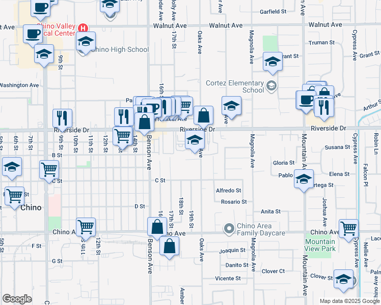 map of restaurants, bars, coffee shops, grocery stores, and more near 12990 Red Cedar Way in Chino