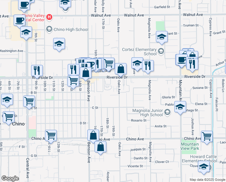 map of restaurants, bars, coffee shops, grocery stores, and more near 12990 Red Cedar Way in Chino