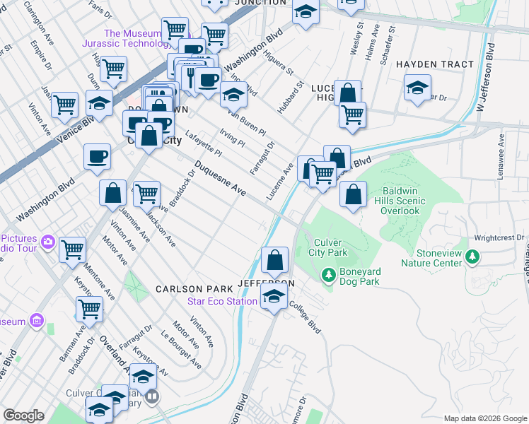 map of restaurants, bars, coffee shops, grocery stores, and more near 4309 Duquesne Avenue in Culver City