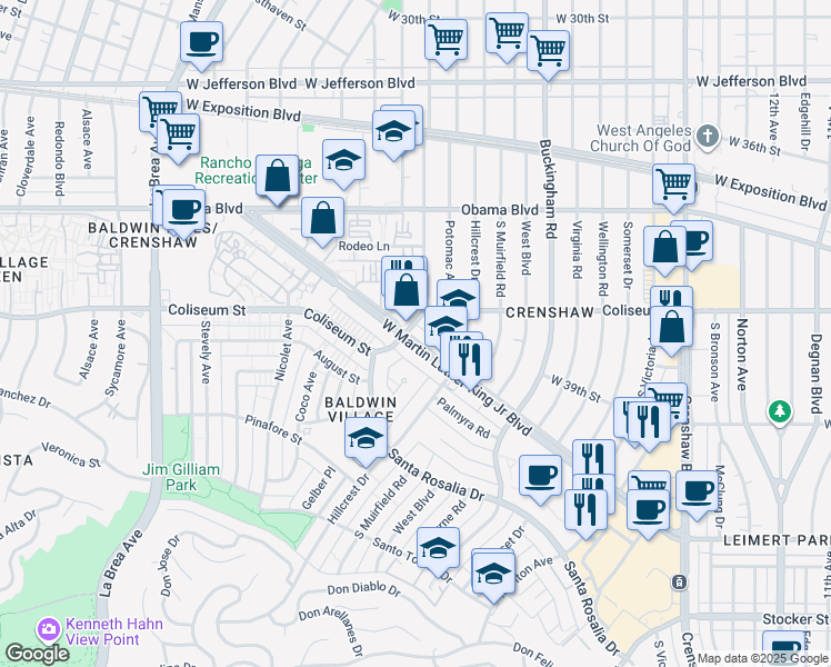 map of restaurants, bars, coffee shops, grocery stores, and more near 4470 Coliseum Street in Los Angeles
