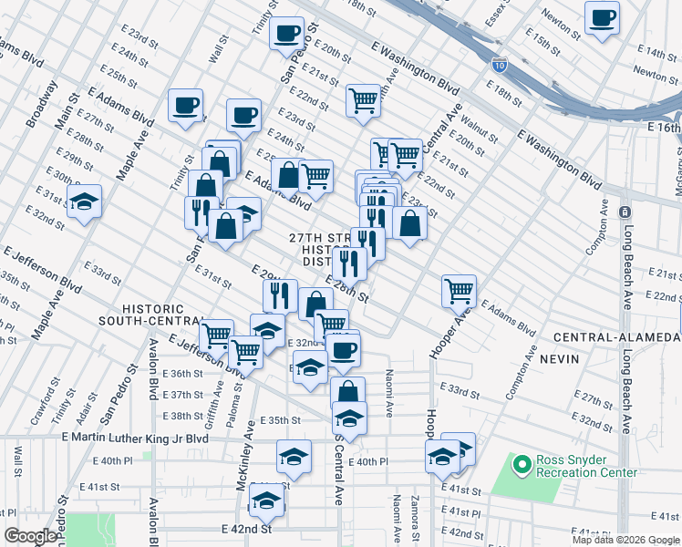map of restaurants, bars, coffee shops, grocery stores, and more near 1023 East 28th Street in Los Angeles