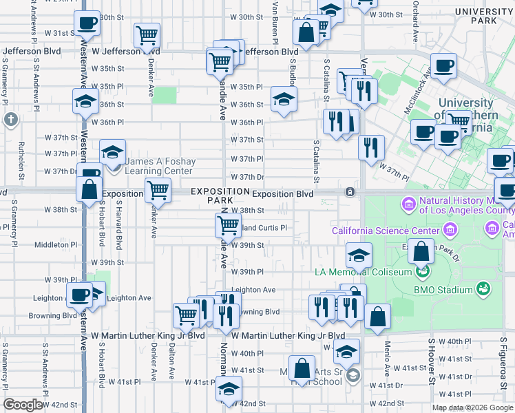 map of restaurants, bars, coffee shops, grocery stores, and more near 1221 West 38th Street in Los Angeles