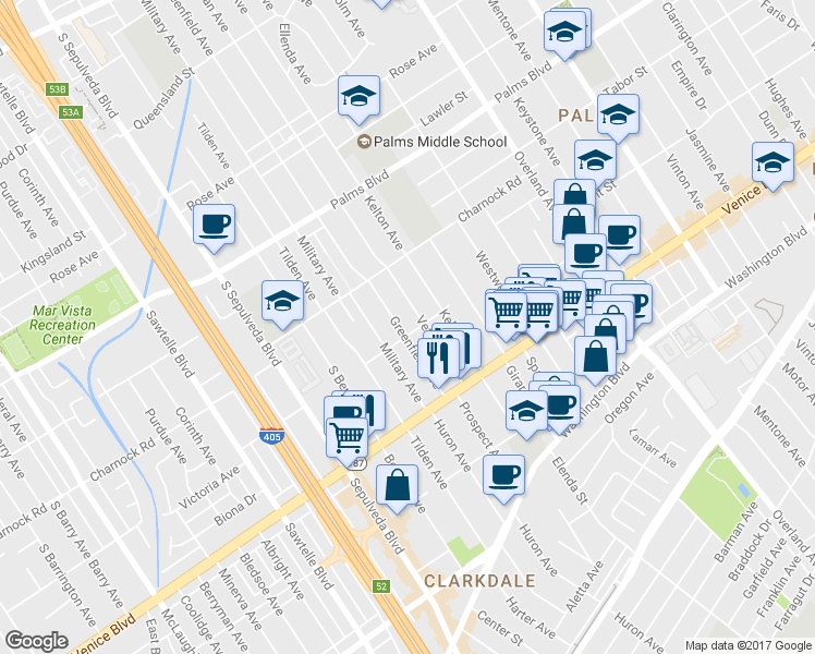 map of restaurants, bars, coffee shops, grocery stores, and more near 3708 Greenfield Avenue in Los Angeles