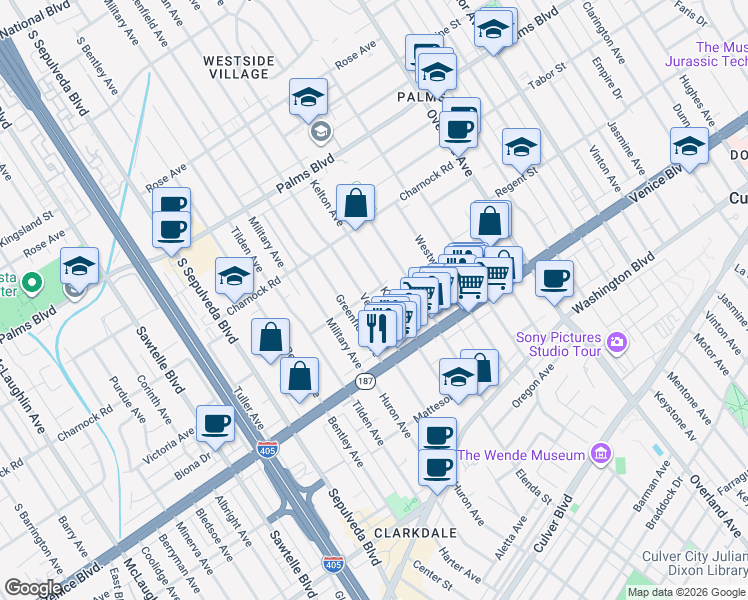 map of restaurants, bars, coffee shops, grocery stores, and more near 3708 Veteran Avenue in Los Angeles