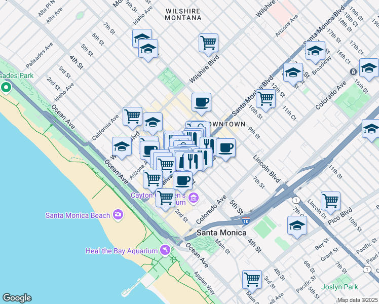 map of restaurants, bars, coffee shops, grocery stores, and more near 501 Santa Monica Boulevard in Santa Monica