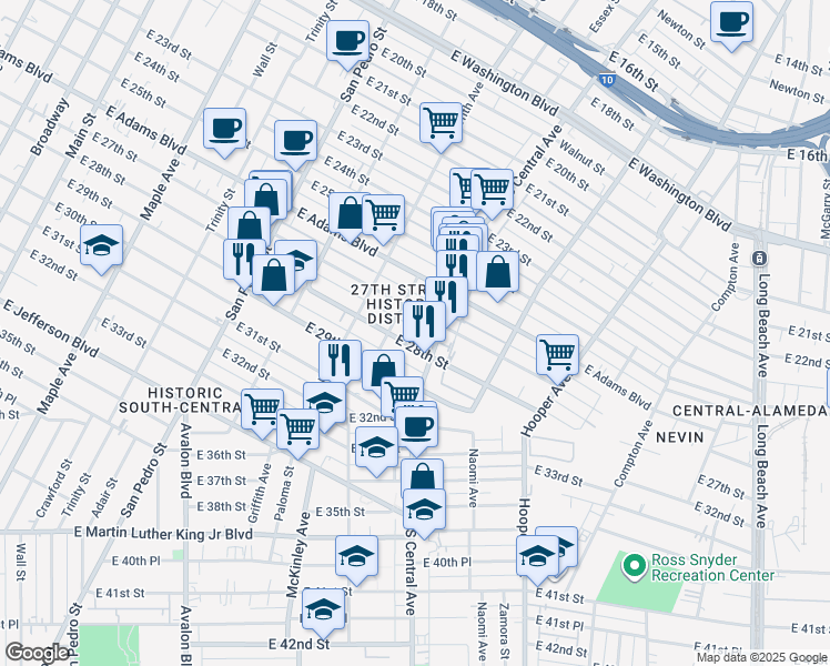 map of restaurants, bars, coffee shops, grocery stores, and more near 1018 East 28th Street in Los Angeles