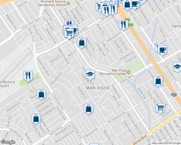 map of restaurants, bars, coffee shops, grocery stores, and more near 3282 Stoner Avenue in Los Angeles