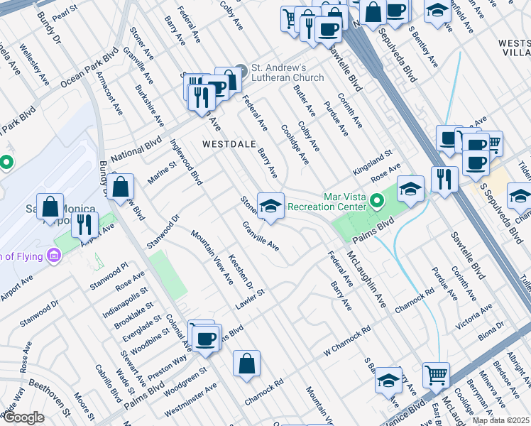 map of restaurants, bars, coffee shops, grocery stores, and more near 3282 Stoner Avenue in Los Angeles