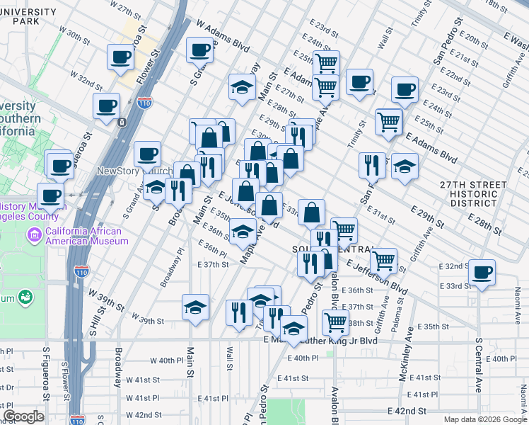 map of restaurants, bars, coffee shops, grocery stores, and more near 197 East Jefferson Boulevard in Los Angeles