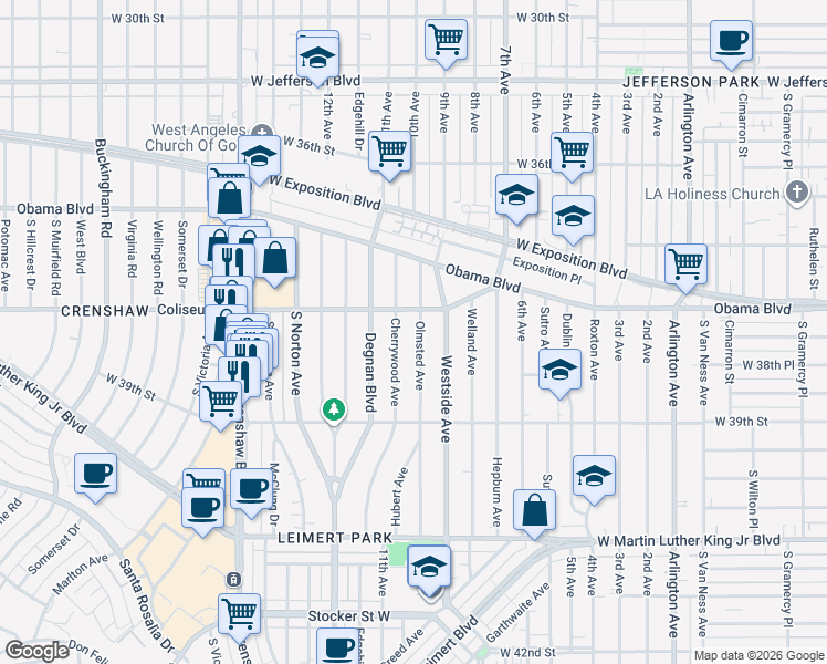 map of restaurants, bars, coffee shops, grocery stores, and more near 3791 Olmsted Avenue in Los Angeles