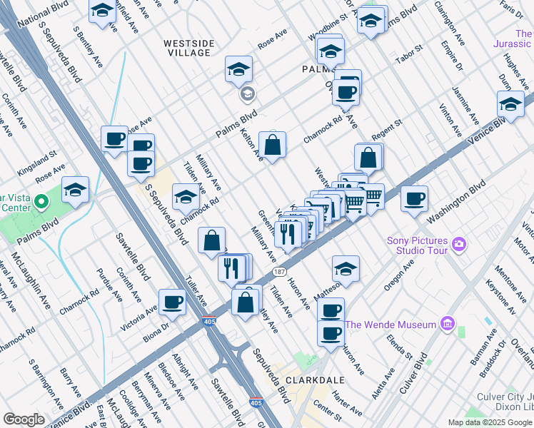 map of restaurants, bars, coffee shops, grocery stores, and more near 3670 Greenfield Avenue in Los Angeles