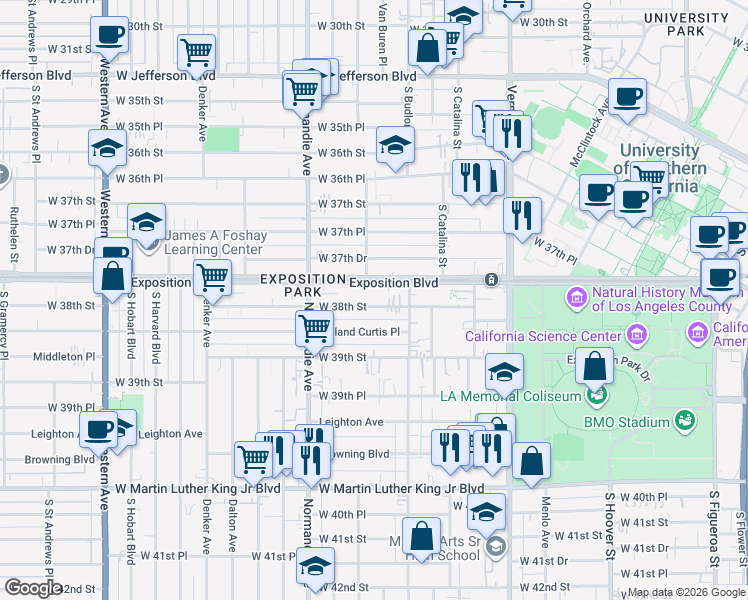 map of restaurants, bars, coffee shops, grocery stores, and more near 1199 West 38th Street in Los Angeles