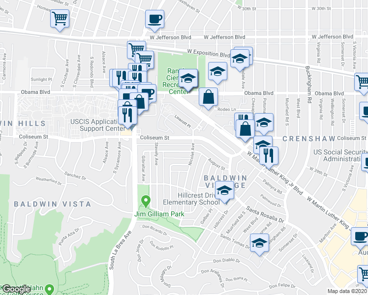 map of restaurants, bars, coffee shops, grocery stores, and more near 4725 August Street in Los Angeles
