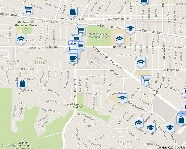 map of restaurants, bars, coffee shops, grocery stores, and more near 4901 August Street in Los Angeles