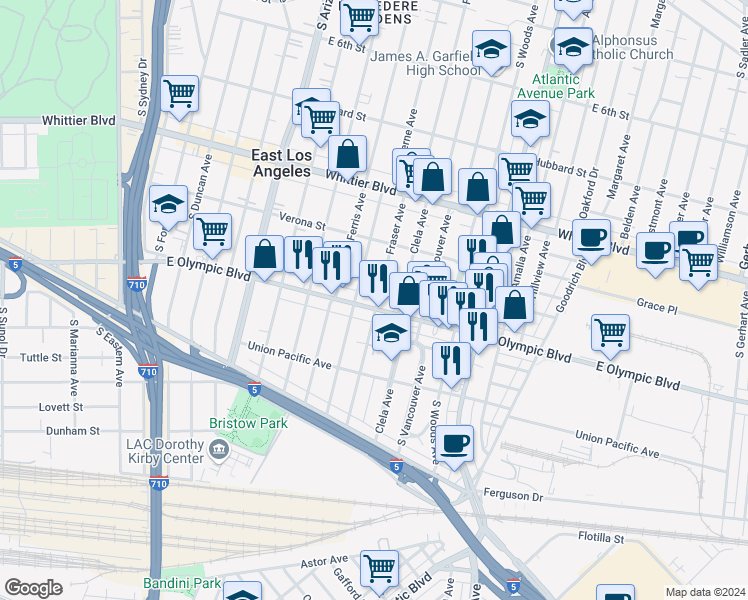 map of restaurants, bars, coffee shops, grocery stores, and more near 4953 East Olympic Boulevard in East Los Angeles
