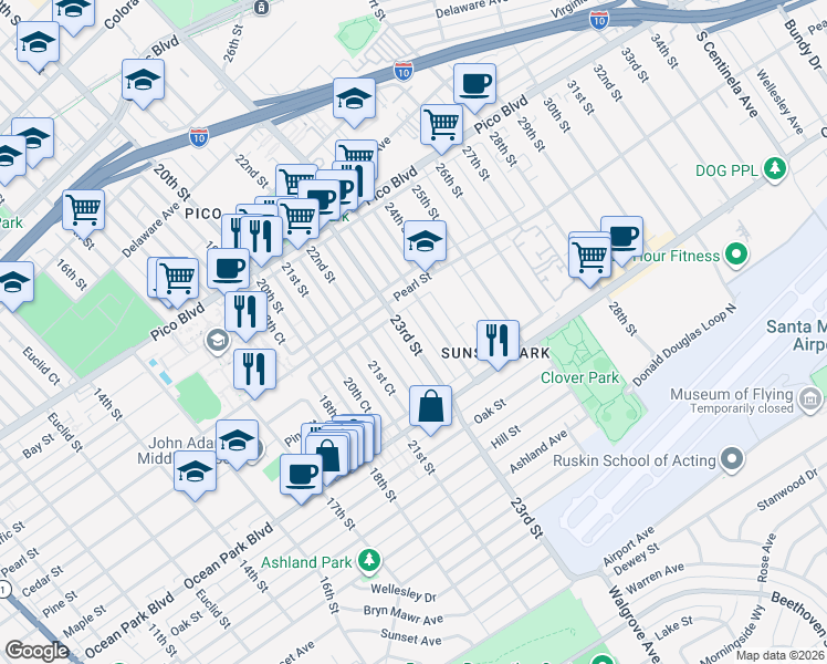 map of restaurants, bars, coffee shops, grocery stores, and more near 2419 23rd Street in Santa Monica