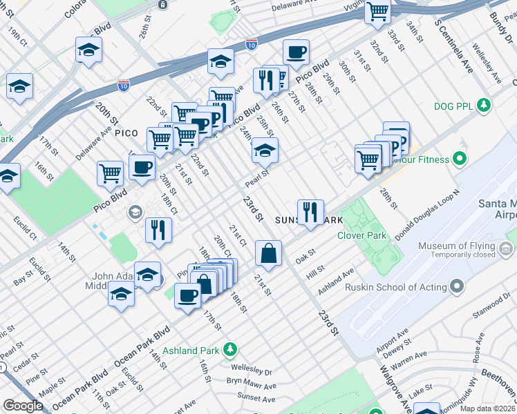 map of restaurants, bars, coffee shops, grocery stores, and more near 2419 23rd Street in Santa Monica