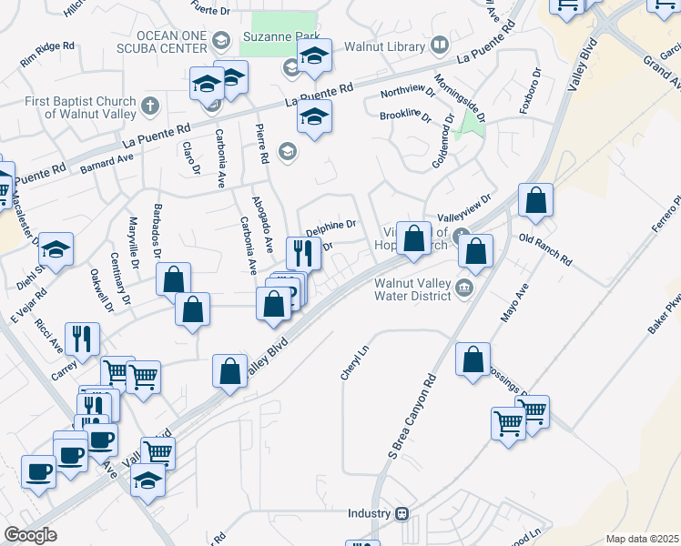 map of restaurants, bars, coffee shops, grocery stores, and more near 21006 Cornerstone Drive in Walnut