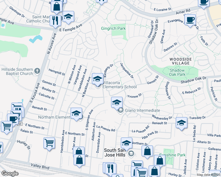 map of restaurants, bars, coffee shops, grocery stores, and more near 1721 Gemini Street in West Covina