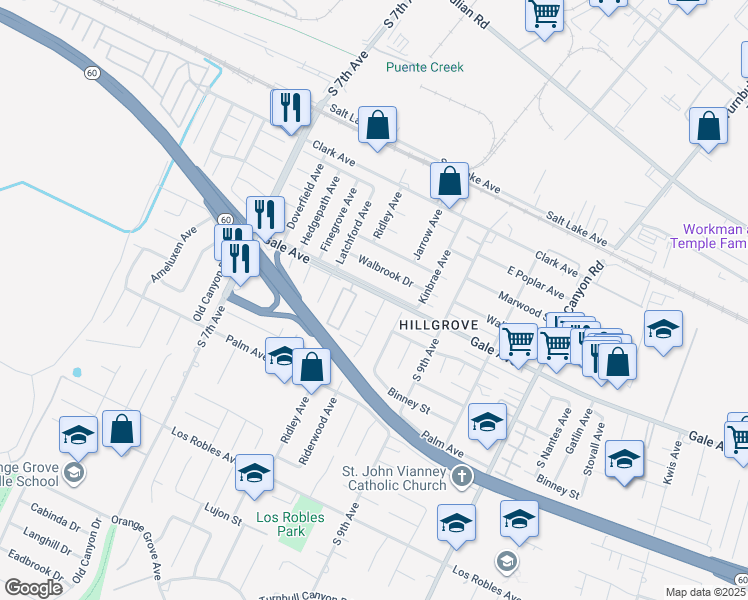 map of restaurants, bars, coffee shops, grocery stores, and more near 14858 Gale Avenue in La Puente