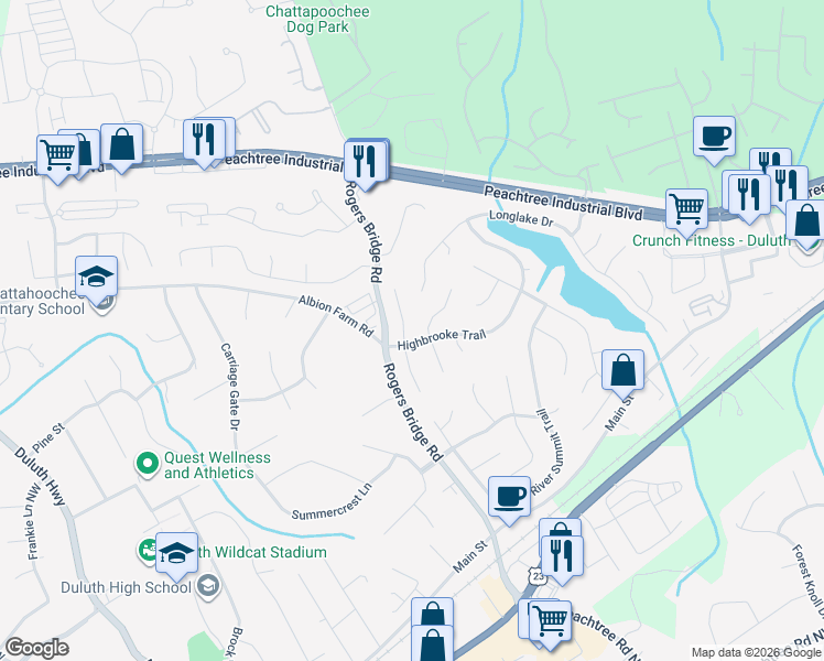 map of restaurants, bars, coffee shops, grocery stores, and more near 3856 Stonebriar Lane in Duluth