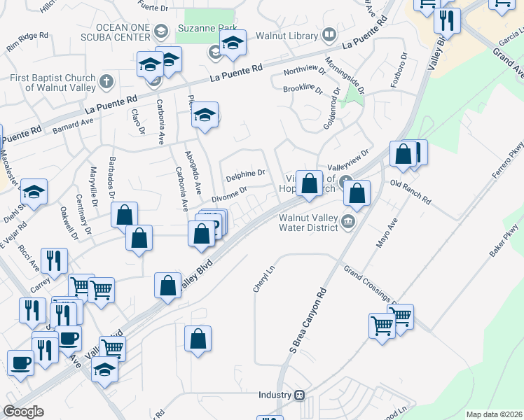 map of restaurants, bars, coffee shops, grocery stores, and more near 21038 Cornerstone Drive in Walnut