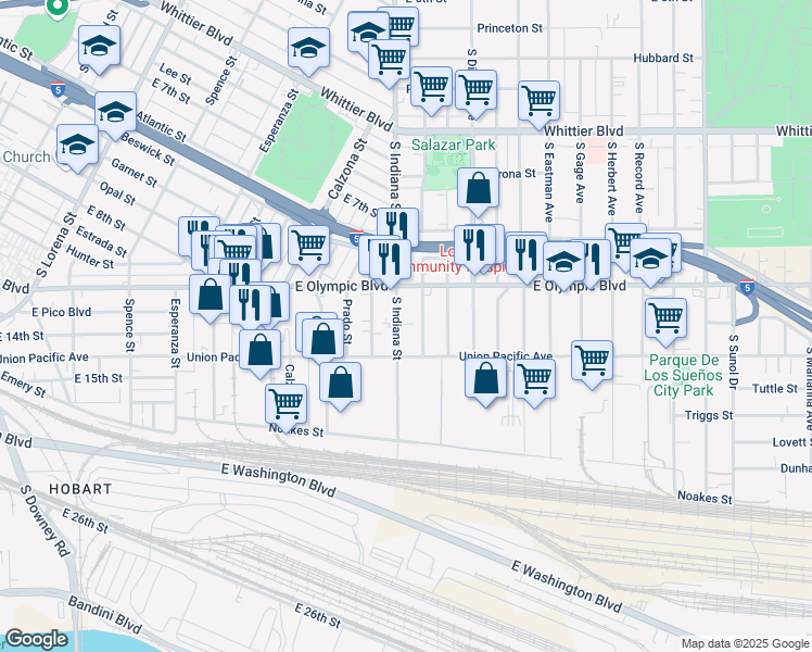 map of restaurants, bars, coffee shops, grocery stores, and more near 1263 South Indiana Street in Los Angeles