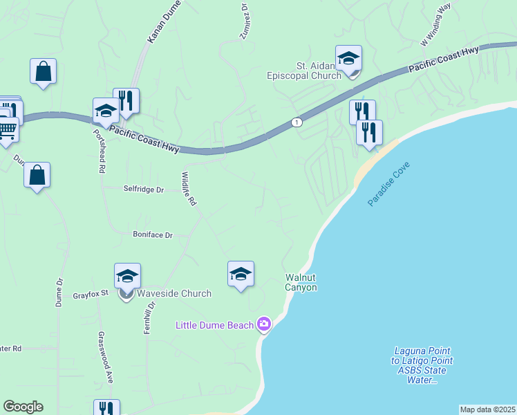 map of restaurants, bars, coffee shops, grocery stores, and more near 6649 Zumirez Drive in Malibu