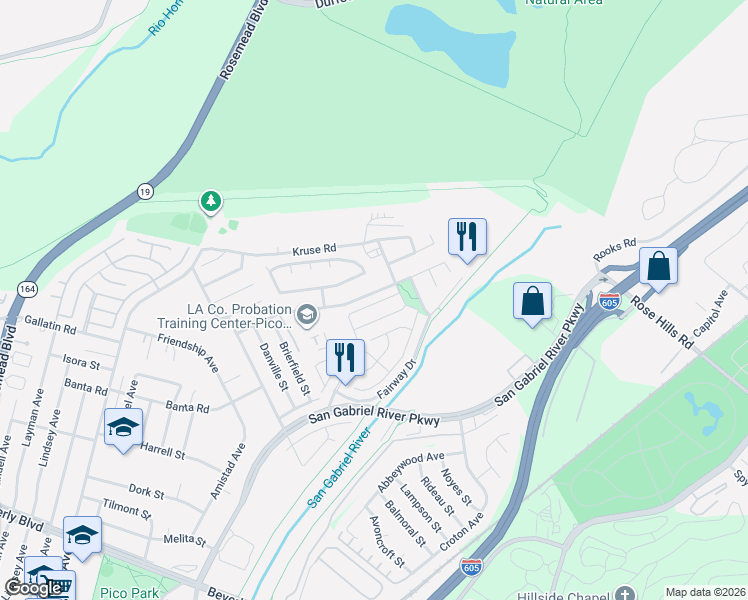 map of restaurants, bars, coffee shops, grocery stores, and more near 3403 Whispering Palms in Pico Rivera