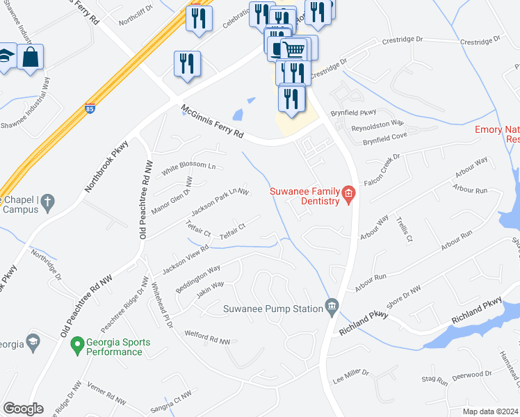 map of restaurants, bars, coffee shops, grocery stores, and more near 539 Telfair Court in Suwanee