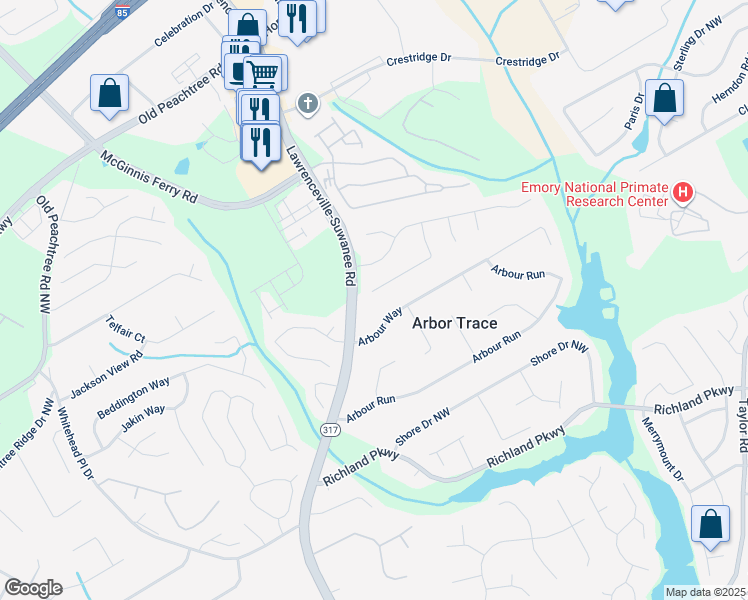 map of restaurants, bars, coffee shops, grocery stores, and more near 2461 Peregrine Trail Northwest in Suwanee