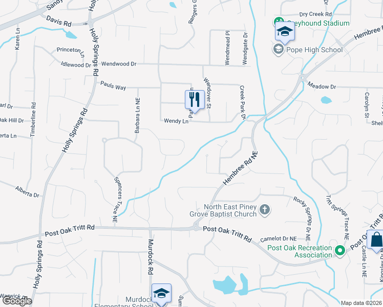 map of restaurants, bars, coffee shops, grocery stores, and more near 2804 Barbara Lane Northeast in Marietta